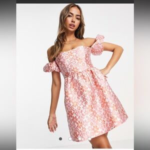 Miss Selfridge jacquard bardot mini dress in pink floral